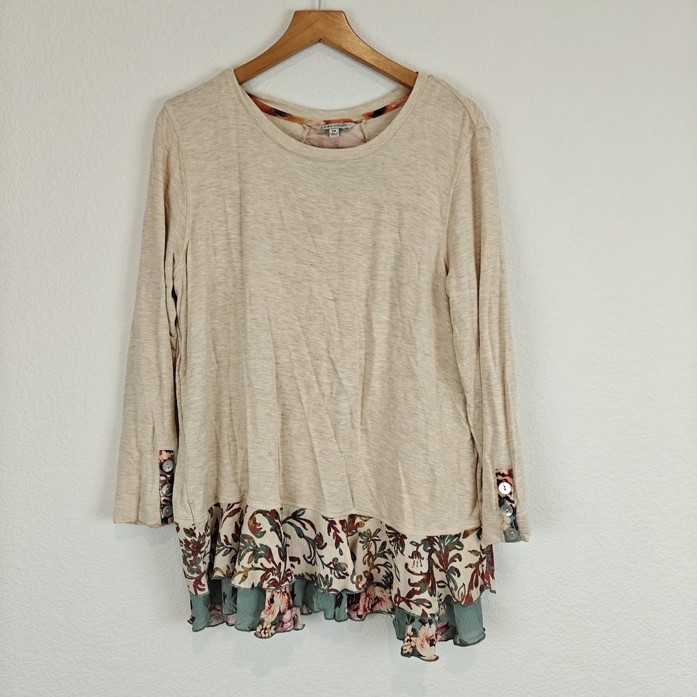 John Mark long sleeve round neck tunic top Two-tier ruffle Floral Size M Women's